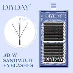 DIYDAY 3D W pestañas tipo sándwich pestañas postizas con forma de tres núcleos ventiladores de volumen prefabricados estilo W pestañas postizas de visón 3D en forma de estilo