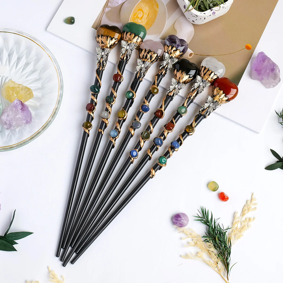 1pc Natural Crystal Magic Wand with Heart-Shaped Butterfly Raw Stone & Polished Staff, Fairy Wand, Ideal Festive Gift