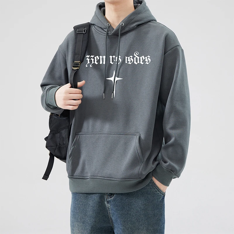

2024 Autumn And Winter Plus Velvet Men's Loose Hooded Motorcycle Printed Sportswear Casual Trend Pullover Hoodie Men's Jacket