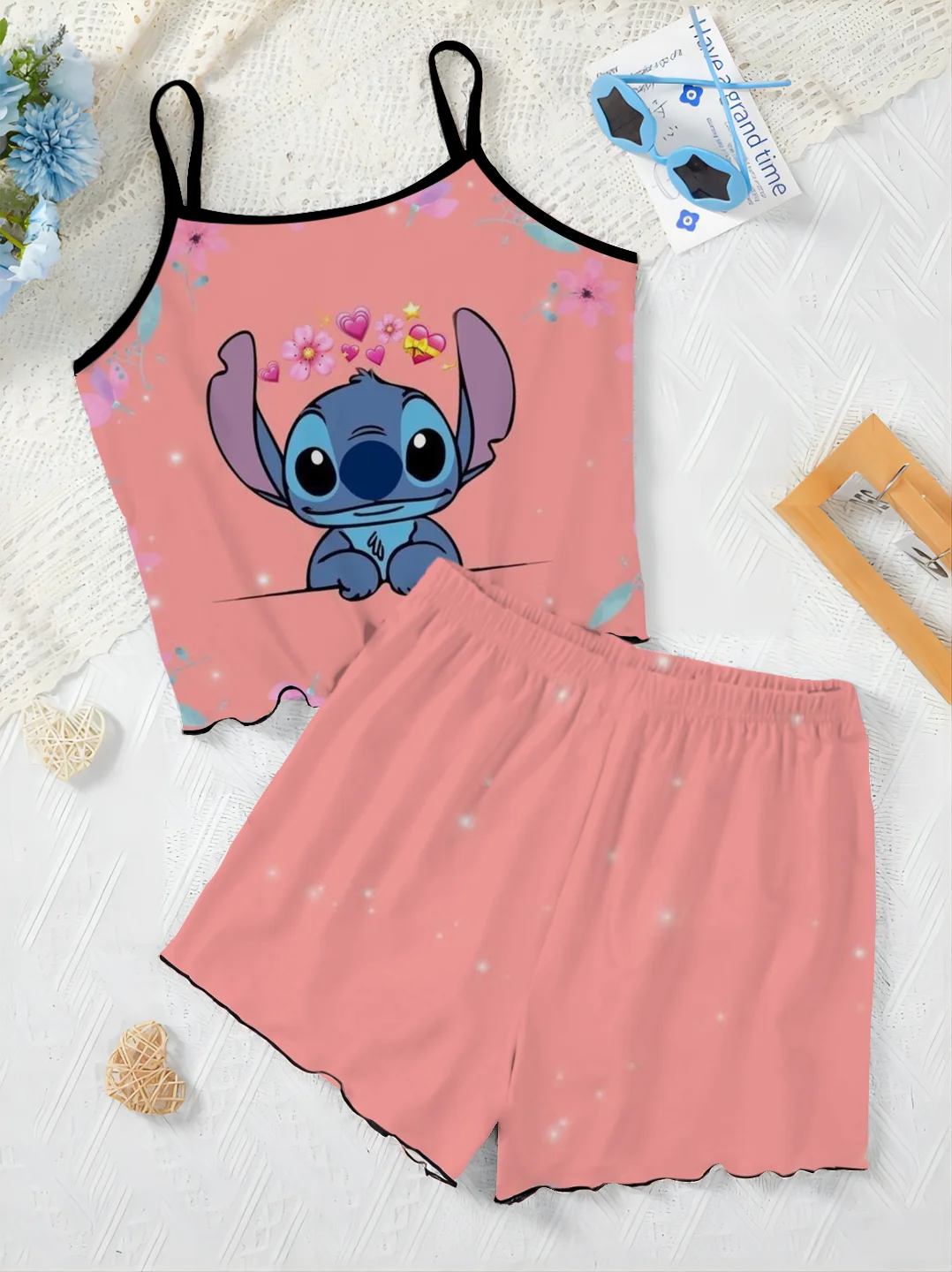 Ensemble jupe pyjama Disney pour femme, robe de maison au point trempé, haut et t-shirt, garniture de laitue Disney, ensembles courts élégants, 2 pièces