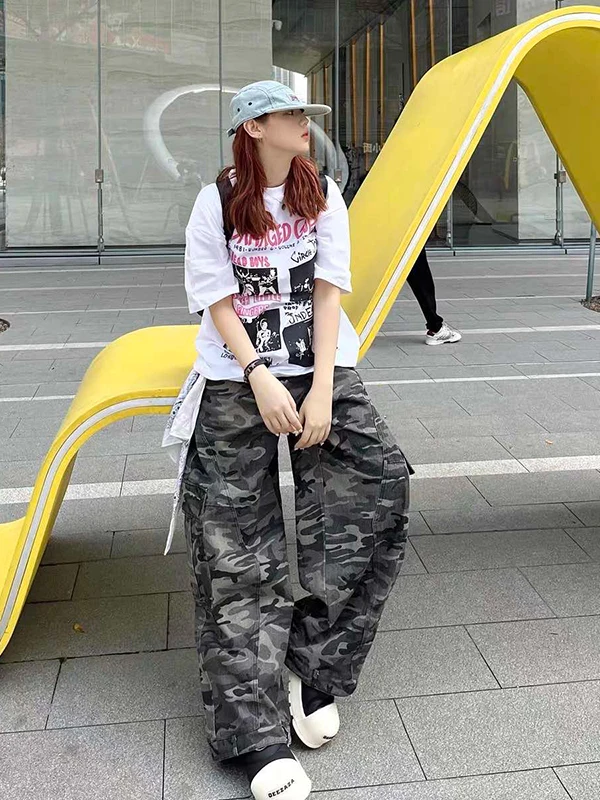 

Американские ретро-джинсы в стиле камуфляж, с высокой талией, свободные, прямые, широкие брюки для женщин, осенняя новинка Sle PmORh