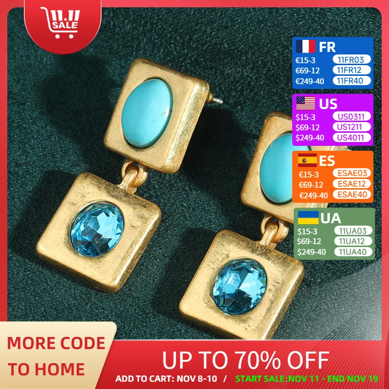 

Vintage Blue Crystal Turquoise Earrings Woman Stone Drop Square Luxury Fashion Jewelry Gold Color Accessories Christmas 2025