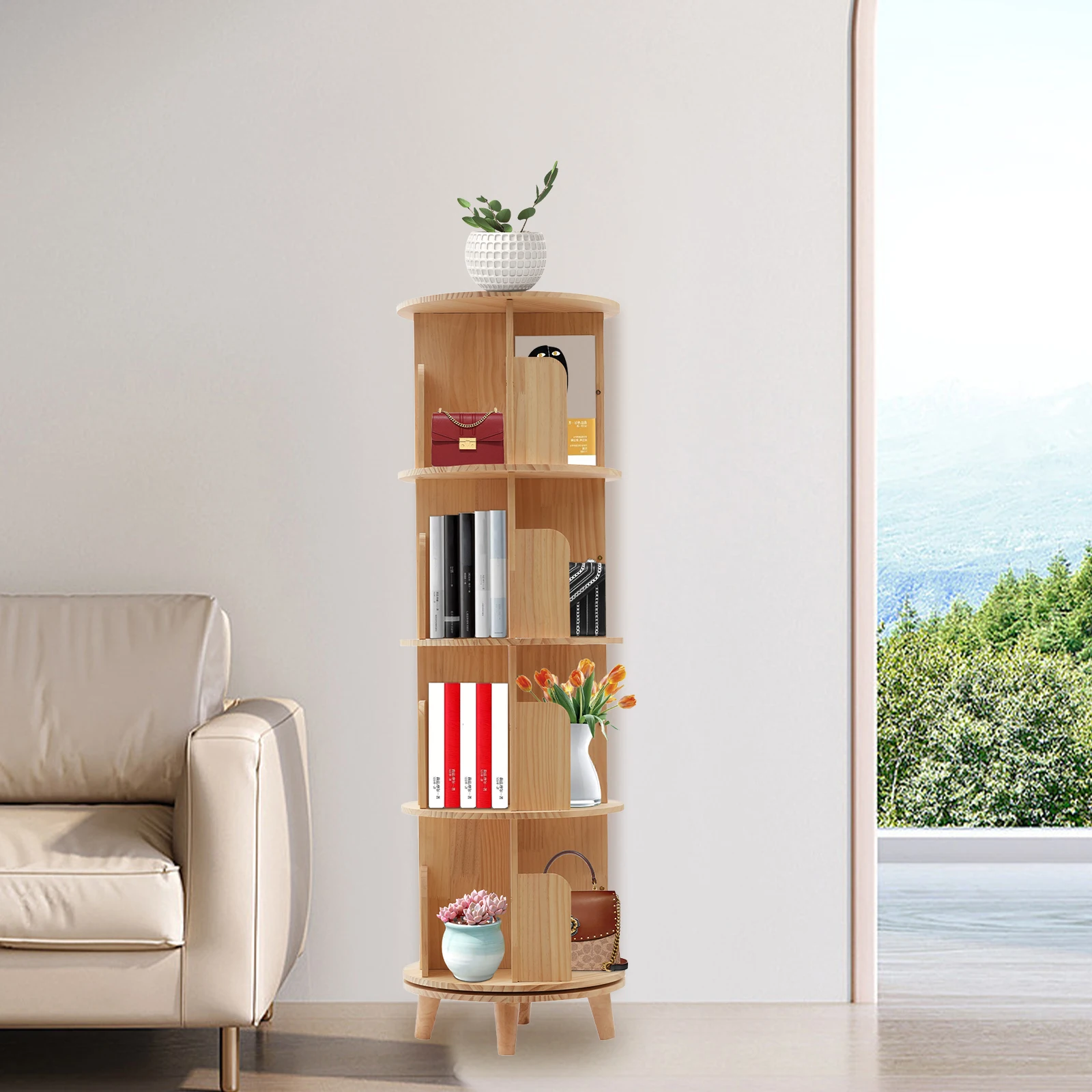 

4-Tier Floor Standing Cylindrical Bookcase, 360 Display Organizer with Curved Baffle, Storage Rack for Corridors