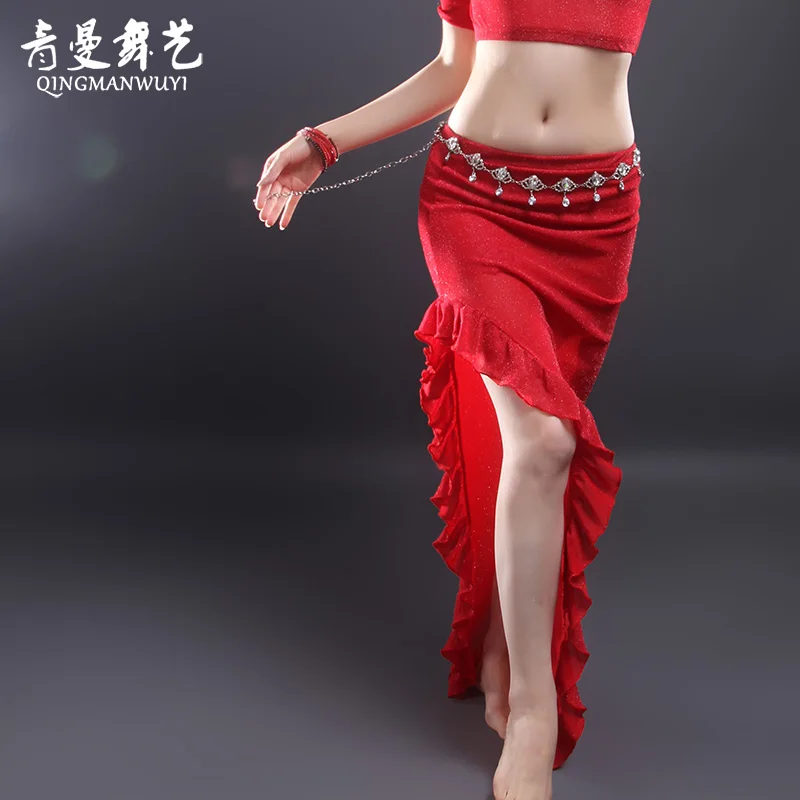 Qingman Practice Costume Eastern Dance Belly Dance Skirt Mesh Wrap around Fish Tail Asymmetrical Uneven Skirt for Women
