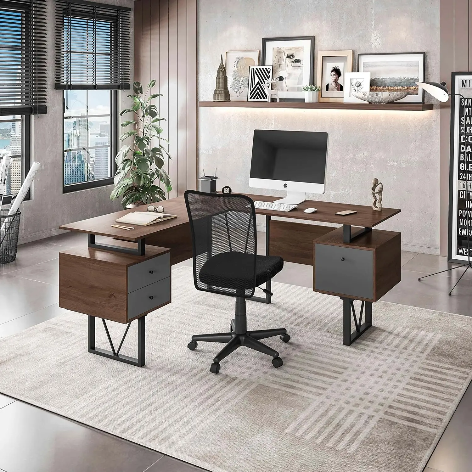 Techni Mobili Reversible L Shaped Desk With File Cabinet And Drawers 59” W – Modern Versatile L Shaped Office Desk With Drawers