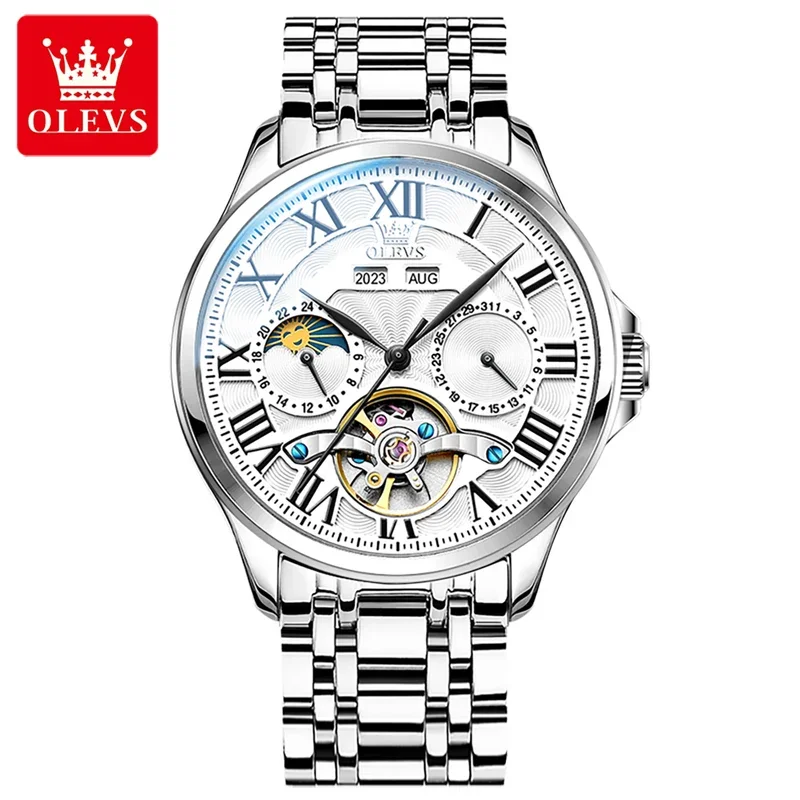 Olevs 7013 fashion men's watches multifunctional waterproof moon phase automatic mechanical male watch perpetual calendar