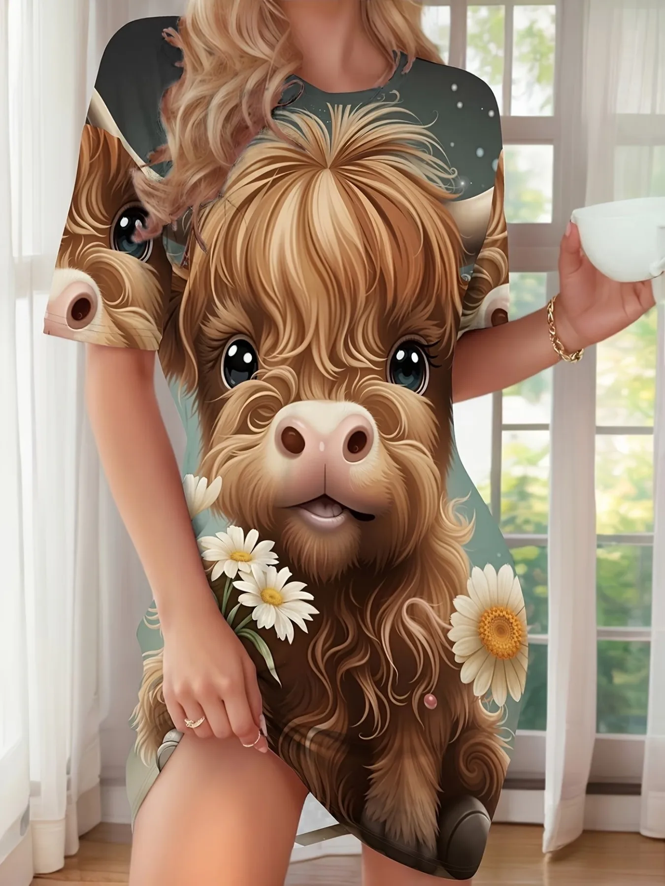 Soft and Cute Highland Cow Daisy Floral Print Women's Casual Loose Mid-Length Home Pajama Dress