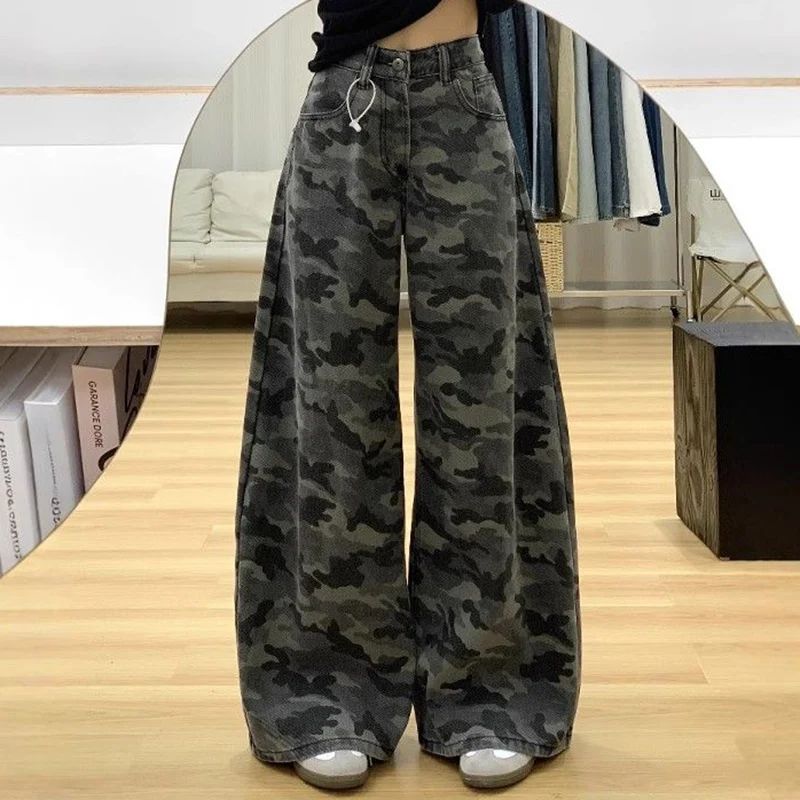 

Female Vintage High Waist Camouflage Jeans Pants Girls Chic Straight Leg Denim Trousers Lady Fashion Casual Daily Pants