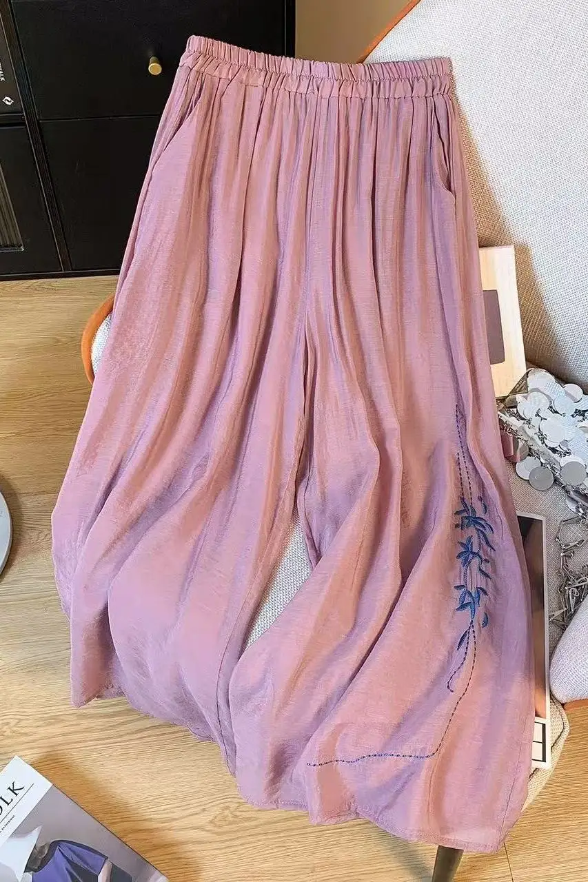 

New Chinese Style Embroidered Cotton Linen Casual Pants Women Summer Loose Drape