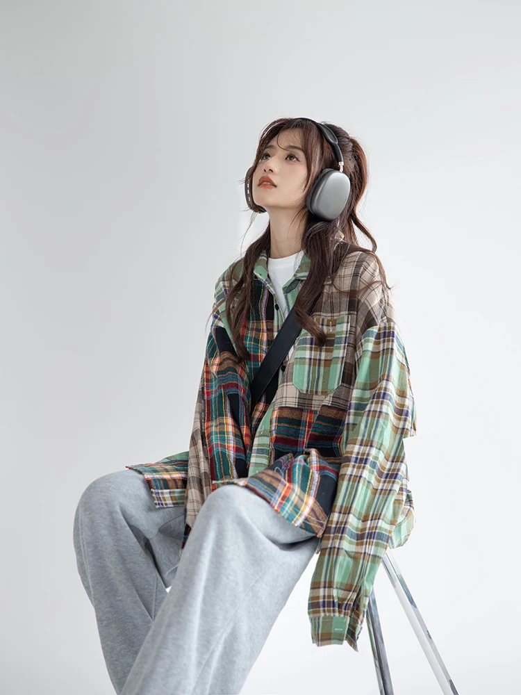 Plaid Shirts Women Asymmetrical Korean Style Leisure Loose Daily Colorful Streetwear Spring Elegant Students Fashion Retro Soft