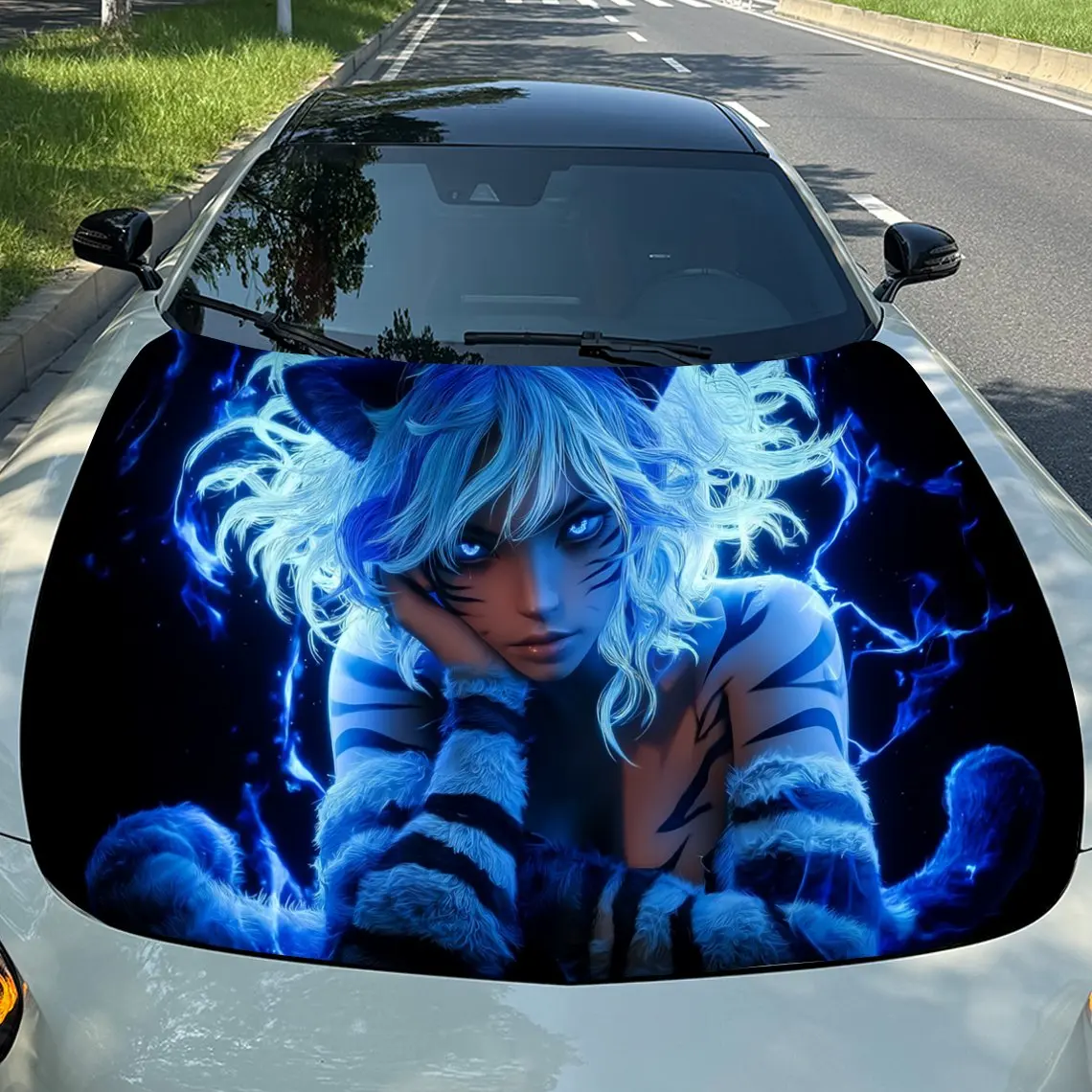 Electric Tiger Princess with Blue Flame Frenzy Pattern Car Vinyl Wrap, PVC Material Waterproof Car Hood Sticker, Self-Adhesive S