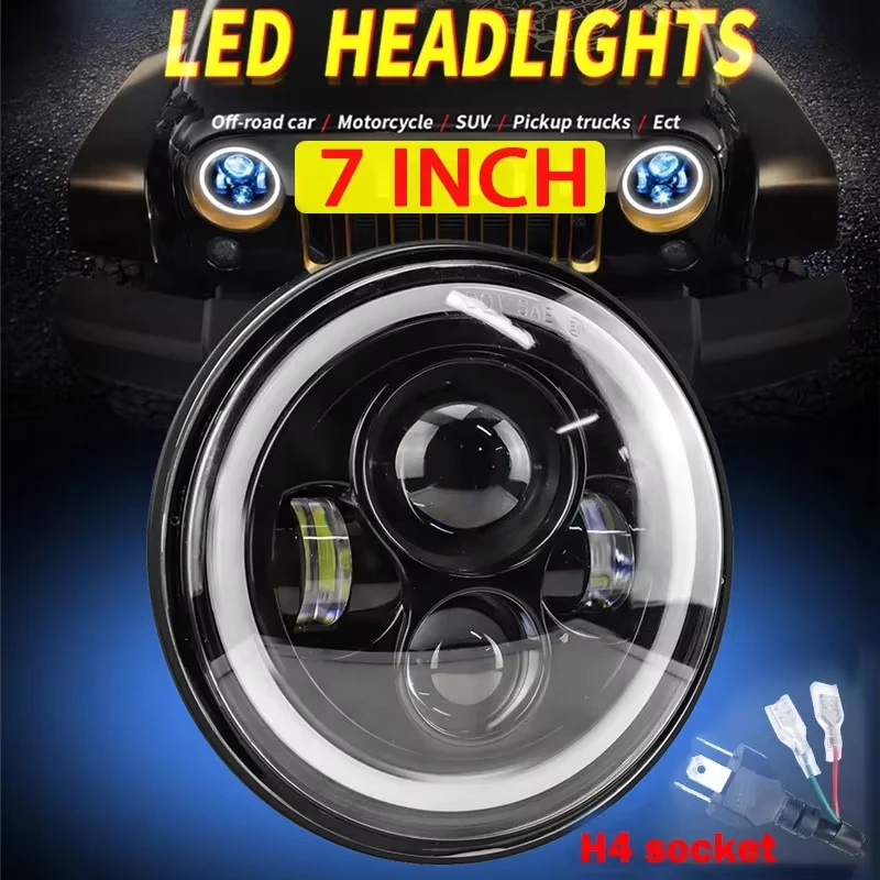 LED Headlight 7 inches Angel Eye for DRL H4 round Car led headlight for Motorcycle Off-Road Jeep JK Spotlights Work Light