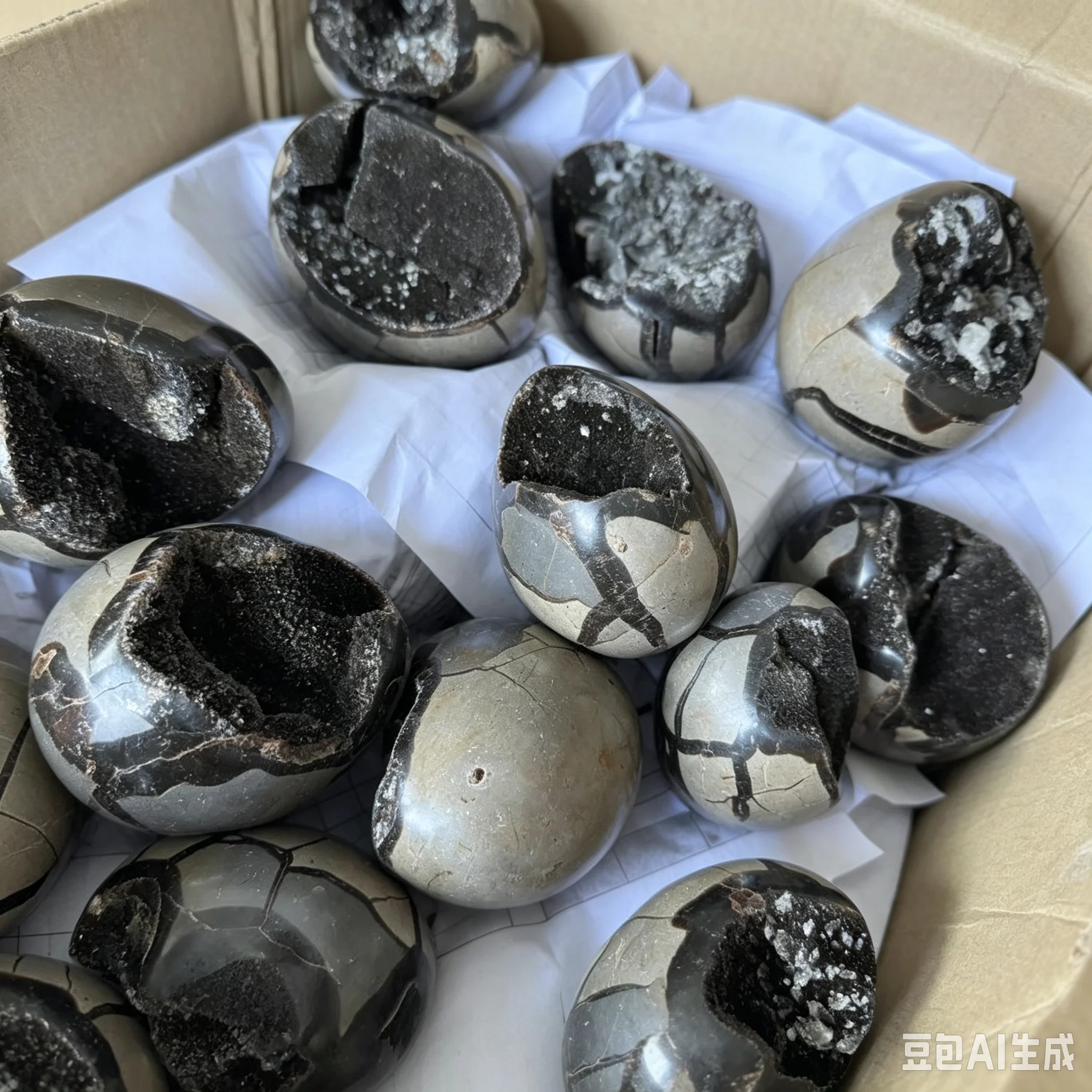 Black Septarian Dragon Egg Geode Crystal Egg Specimen, Mixed Quartz Mineral Stone for Reiki Meditation Home Altar Gift