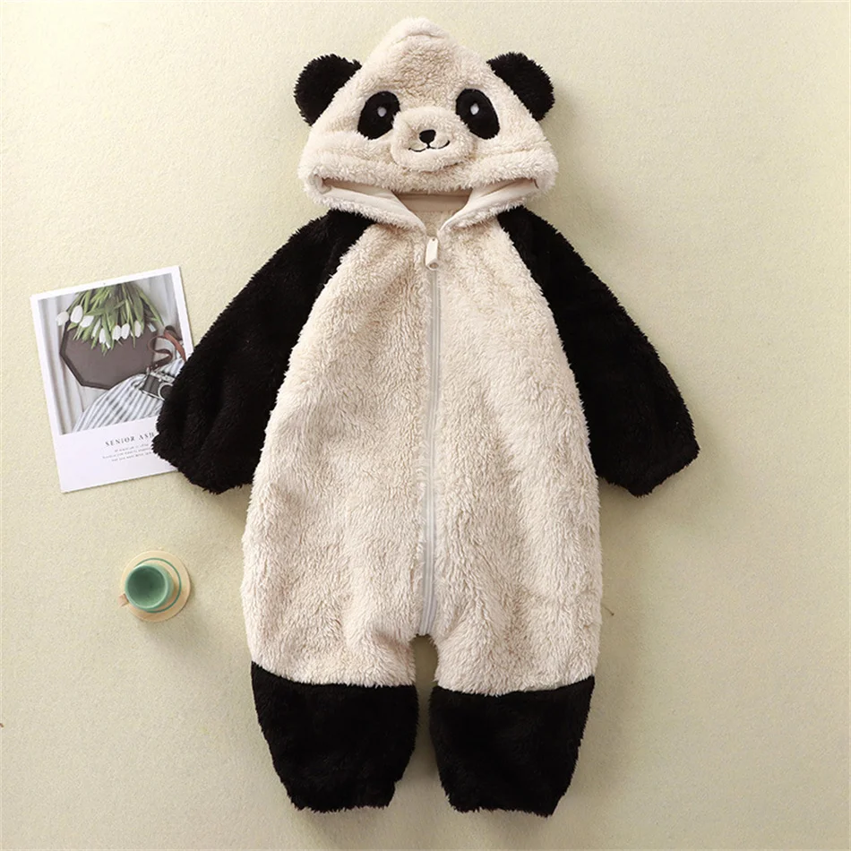 Toddler Long Sleeves Bunny Panda Cartoon Plush Bodysuits Cute Warm Hooded Zipper Home Wear Clothes Baby Girls Boys Rompers