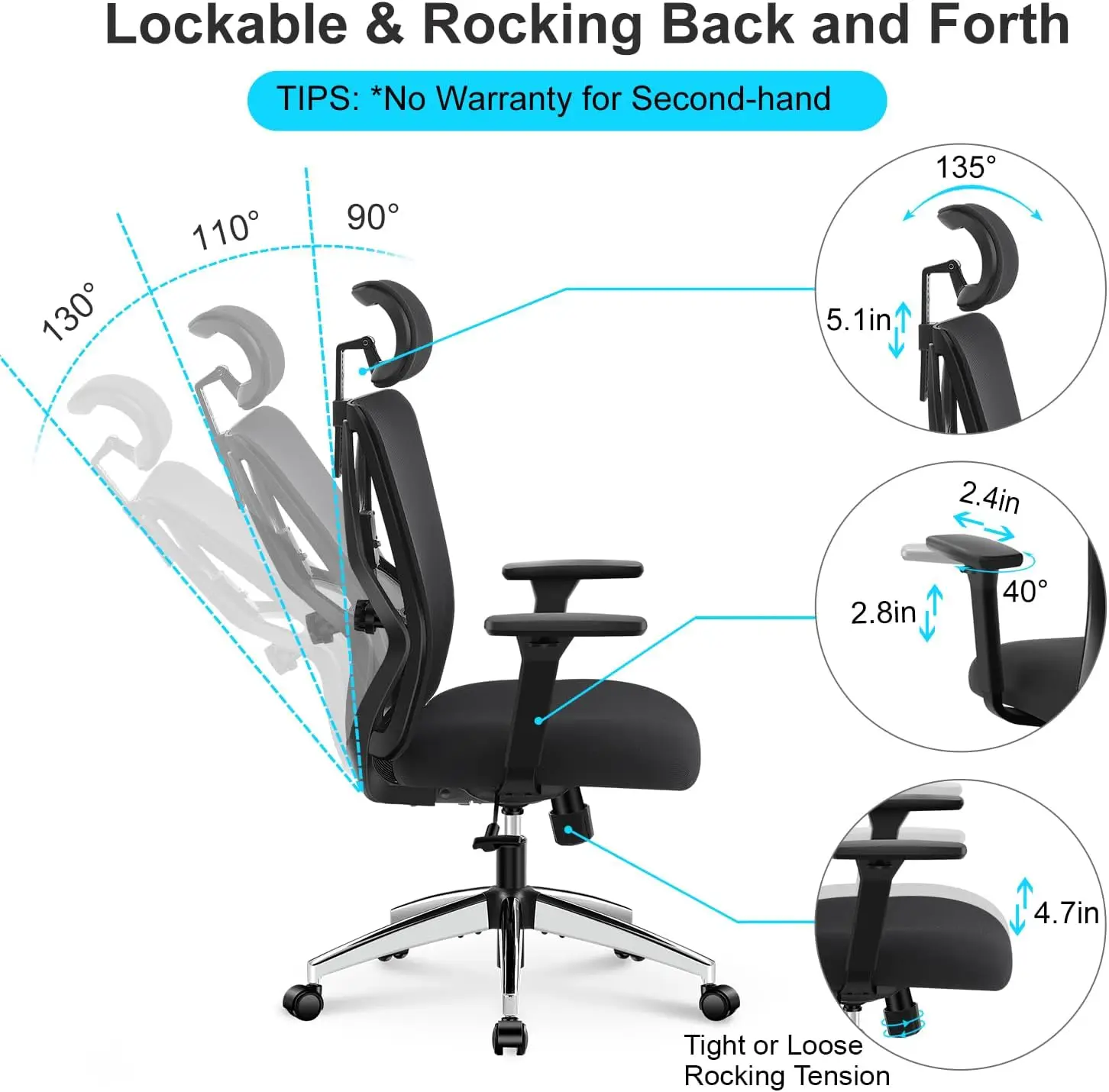 Ergonomic Office Chair - High Back Desk Chair with Adjustable Lumbar Support, Headrest & 3D Armrest - 130°Rocking Mesh