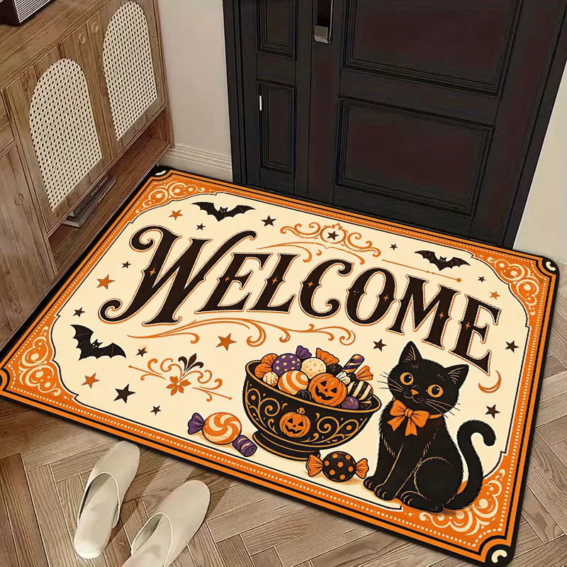 Gothic Black White Vintage Bat Scroll Pattern Welcome Non Slip Front Doormat Dark Horror Style Porch Floor Decor