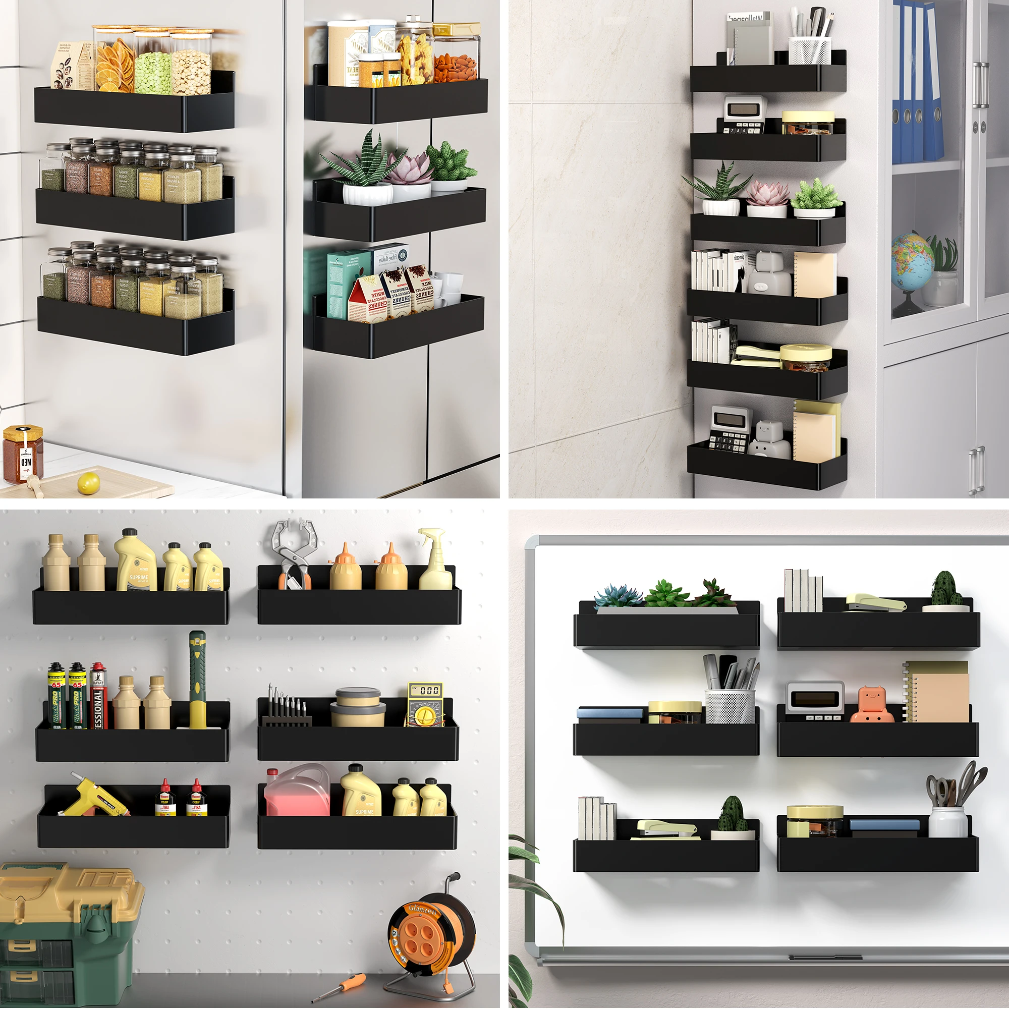 6PCS Magnetic Spice Storage Rack Black White Plastic Fridge Shelf Cabinet Organizer Kitchen Accessories the Side of Refrigerator