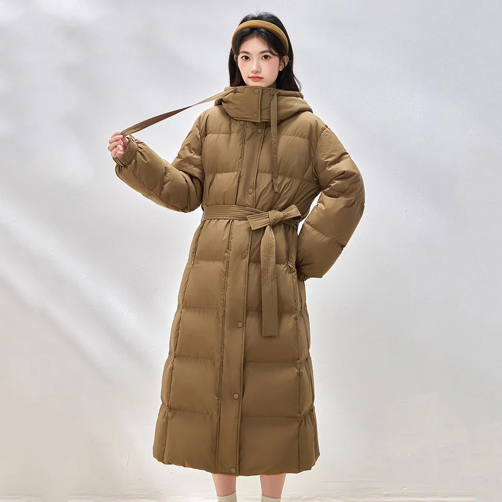 

New Women Winter Long Down Coat Fashion Stand Collar Hooded Straight Down Coat Simplicity Casual Thick Warm Mid-Calf Winter Coat