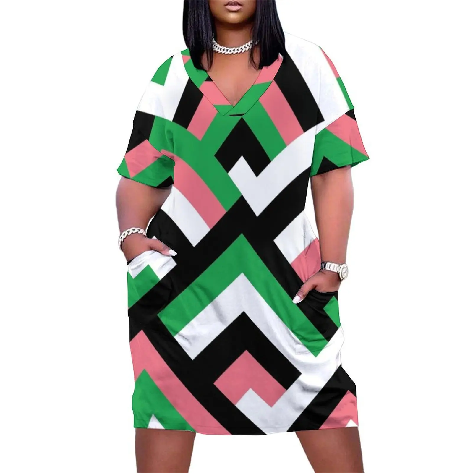 

Pink and Green Diamond aka Tetragon Pattern Loose Pocket Dress Party dresses for women Cocktail of dresses