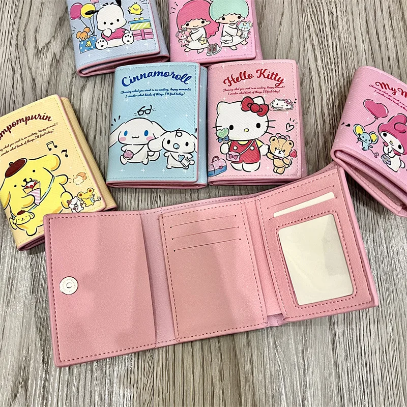 Kawaii Cartoon PU Leather Wallet Sanrio Hello Kitty Cinnamoroll Casual Short Wallet Cute Anime Button Card Holder Coin Purse