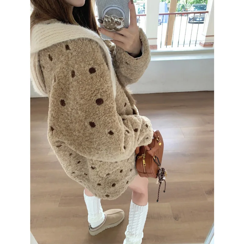 Women Polka Dot  Faux Fur Coats Color Blocked Casual Jackets V Neck Long Sleeves Single Breasted Loose Office Lady 2025 Winter