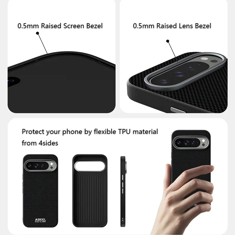 حافظة لهاتف جوجل بيكسل 10/9 Por XL لعدسة معدنية رفيعة آمنة من ألياف الكربون المغناطيسية الملمس غطاء جلدي صديق للبيئة مقاوم للصدمات