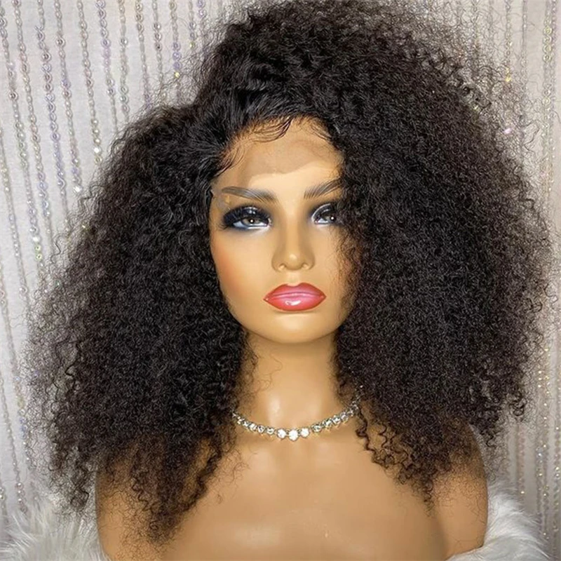 Perruque Lace Front Wig bouclée crépue longue noire naturelle, 26 pouces, densité 180, pre-plucked, avec baby hair, sans colle, à la mode, pour femmes