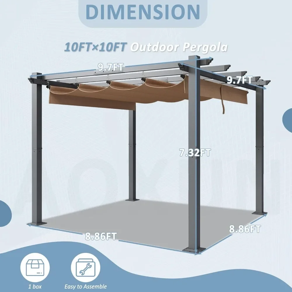 10'x10' Outdoor Retractable Pergola, Heavy Duty Aluminum Pergola Terrace, Retractable Awning for Deck, Garden & Backyard