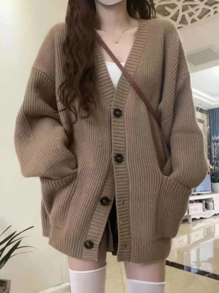 Women Cardigans Coats Winter Autumn Fashion V-neck Long Sleeve Loose Knitted Jackets Casual Single Breasted Sweater Cardigans