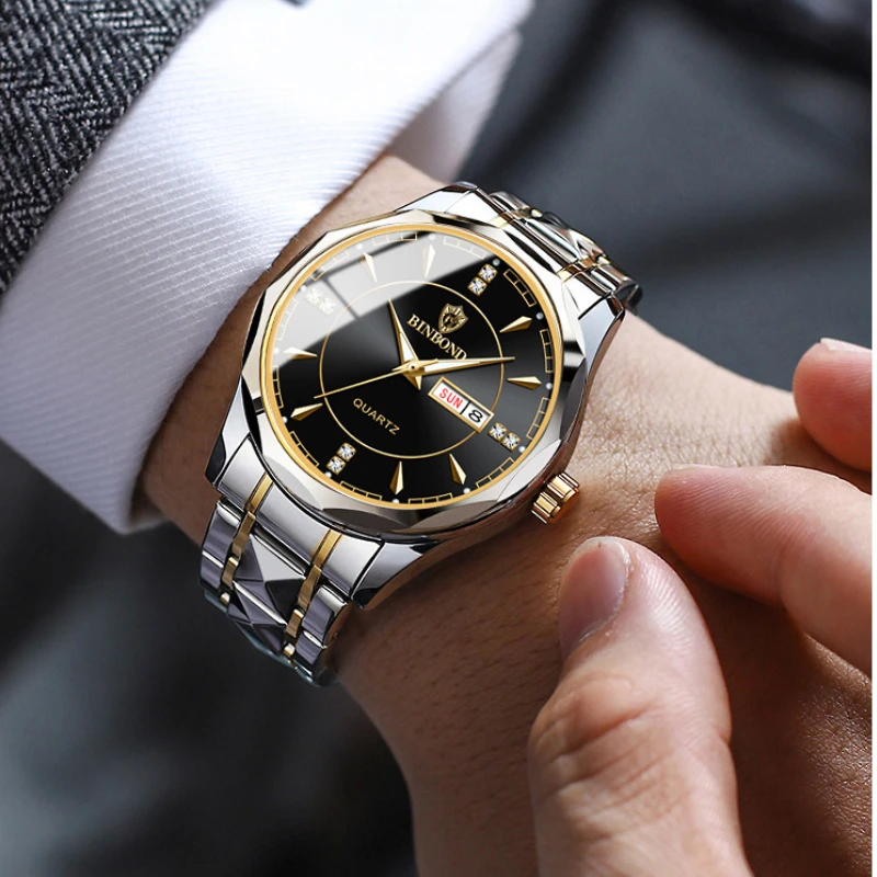 Reloj dorado de acero inoxidable para hombre, cronógrafo de pulsera deportivo de lujo con botón pulsador, cierre oculto, resistente al agua, luminoso, fecha y semana