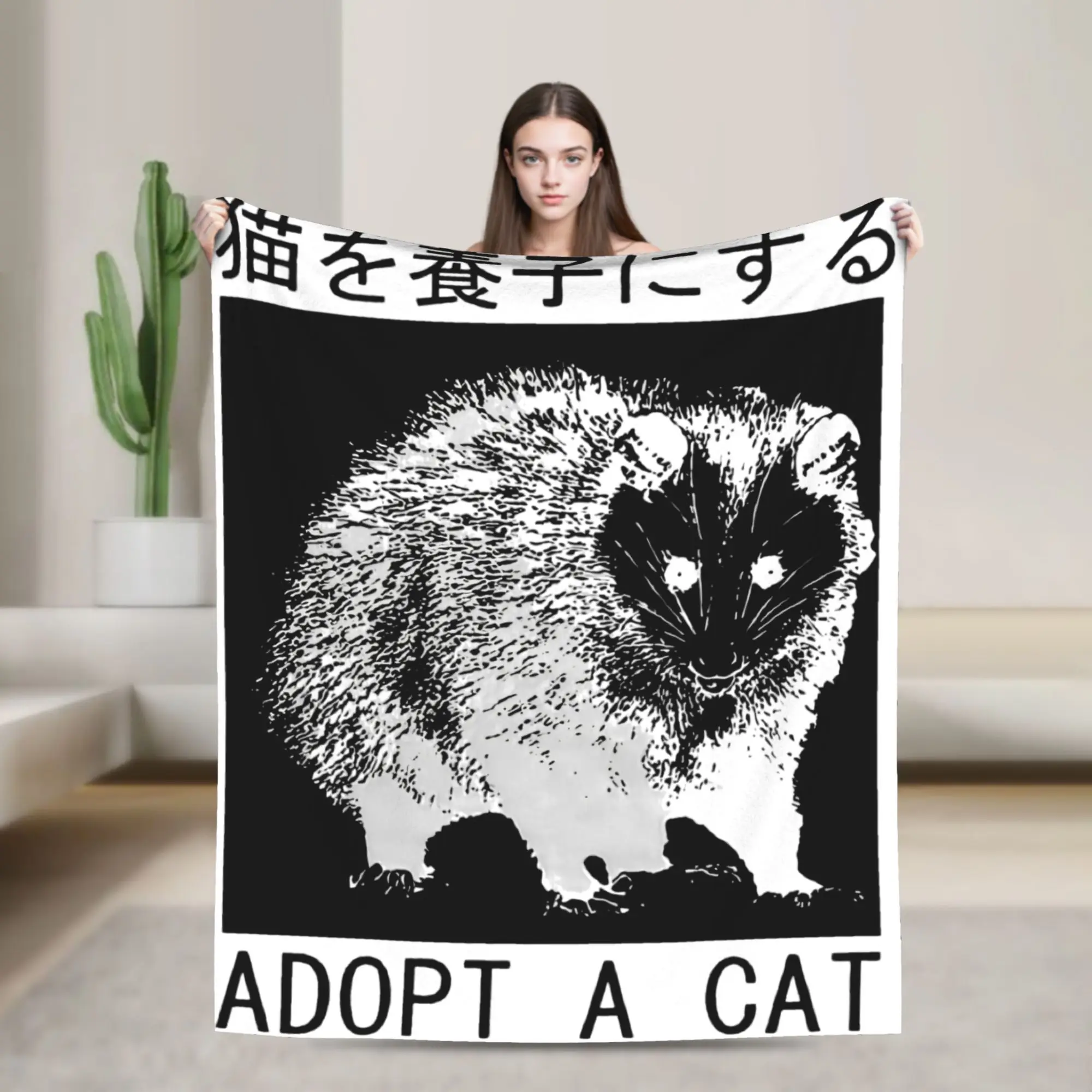 

Adopt A Cat Opossum Japanese Graphic Flannel Blanket Soft Throw Blanket for Couch Bed Bedspread Sofa Bed Cover