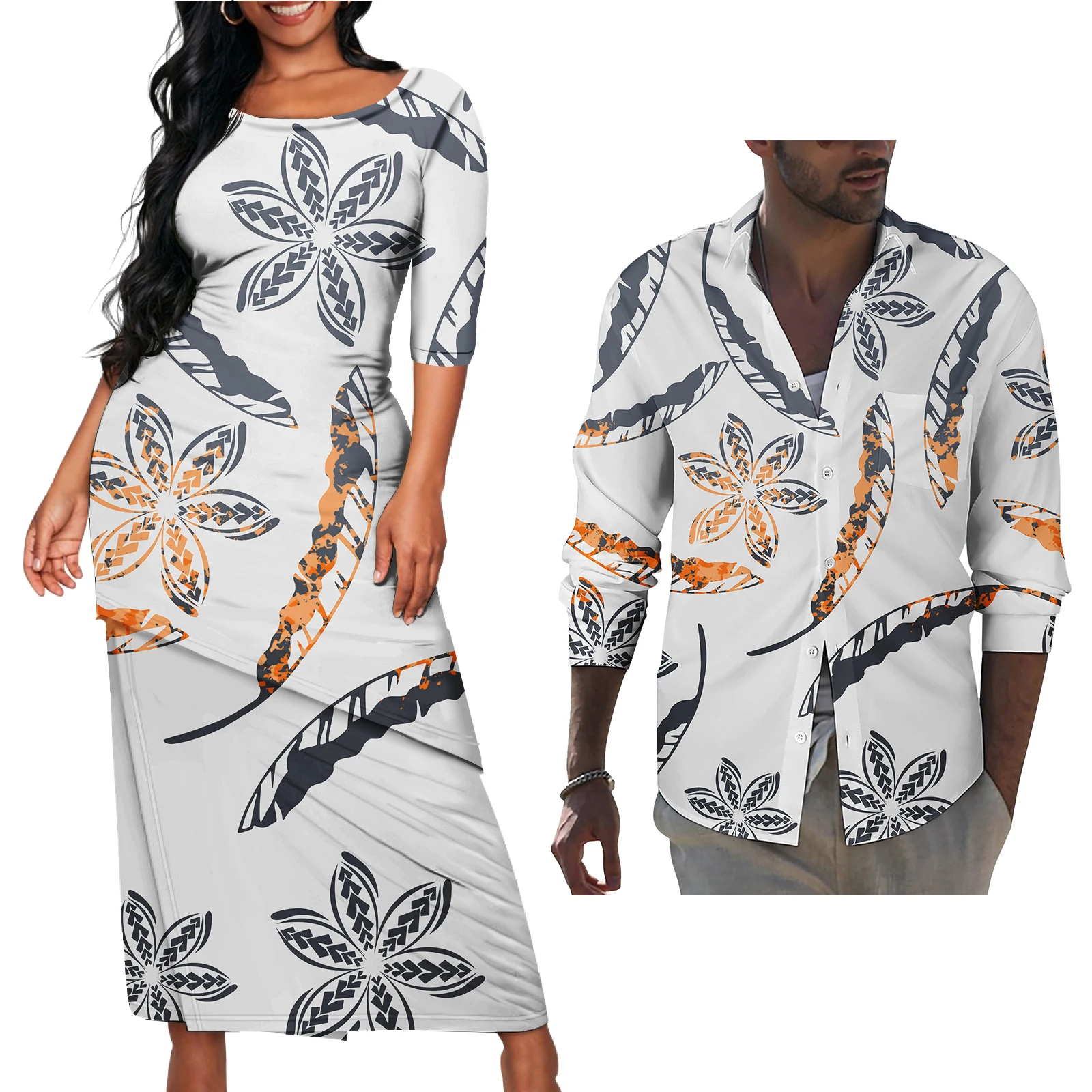 Puletasi Samoa Tribal Design Dress Match Long Sleeve Buttons Aloha Shirt Custom Pattern Polynesian Matching Couple Outfits