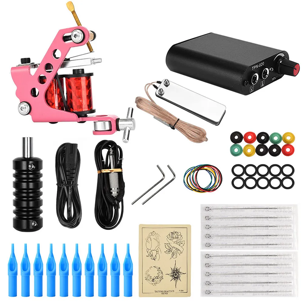 

Розовый L-образный набор для тату-машинок из нержавеющей стали с серебряным педальным переключателем, легкий, с низкой вибрацией, для боди-арта