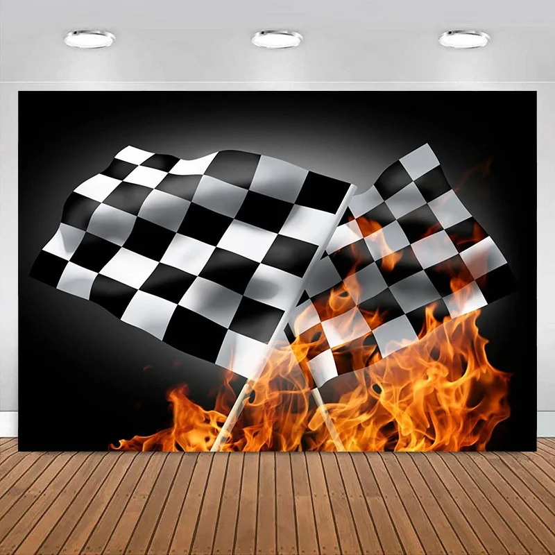 Racing Car Theme Backdrop Crossed Checkered Flags Fire Flames Photography Background Boys Birthday Party Decorations Banner Kids