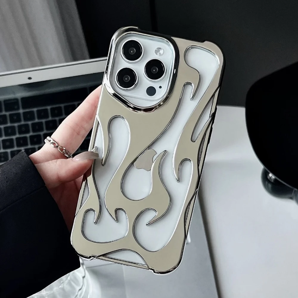 Qianliyao 3D Hollow Flame Dissipate Heat Phone Case For iPhone 16 15 14 13 12 11 Pro Max Electroplated Soft Shockproof Cover