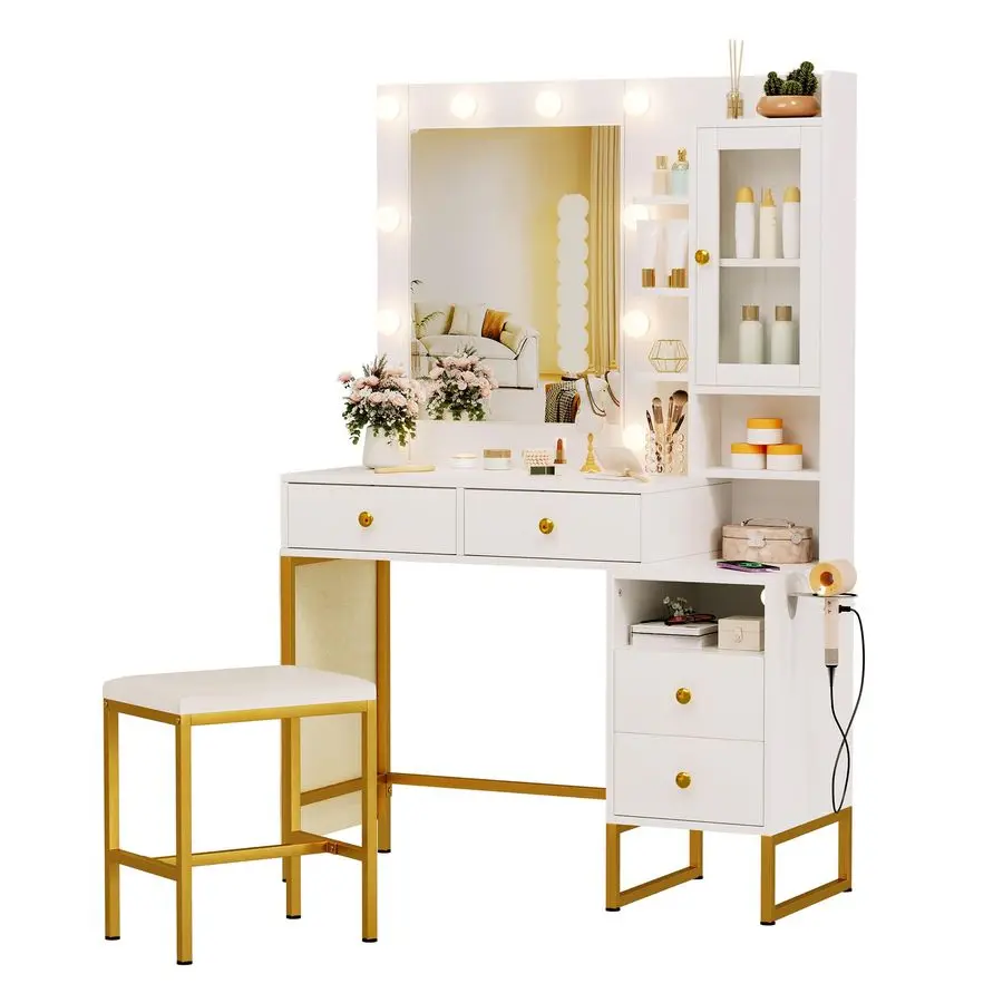 

White Vanity Table with Drawer Dresser, Women Vanity Makeup Desk with Charging Station, Vanity Desk with 3 Color Light
