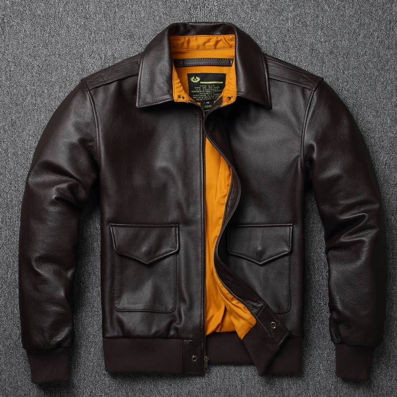 Jaqueta de Couro Genuíno Masculina para Motociclistas, Estilo A2, Camada Superior em Couro Bovino, Lapela Solta, Tamanho Gran...