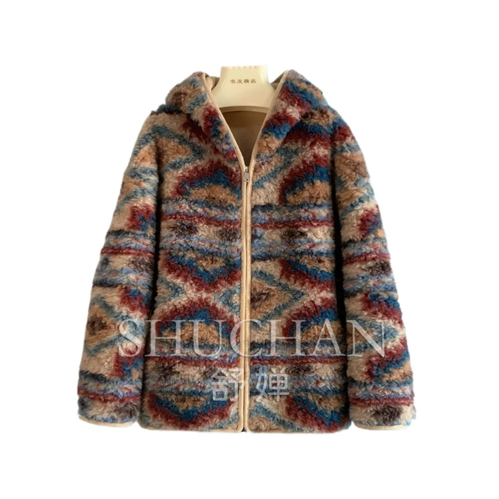 2026 winter Color Vintage Fair Island Lamb Hooded Sheep Shearing Fur Integrated Loose Fur Winter New Women's Jacket