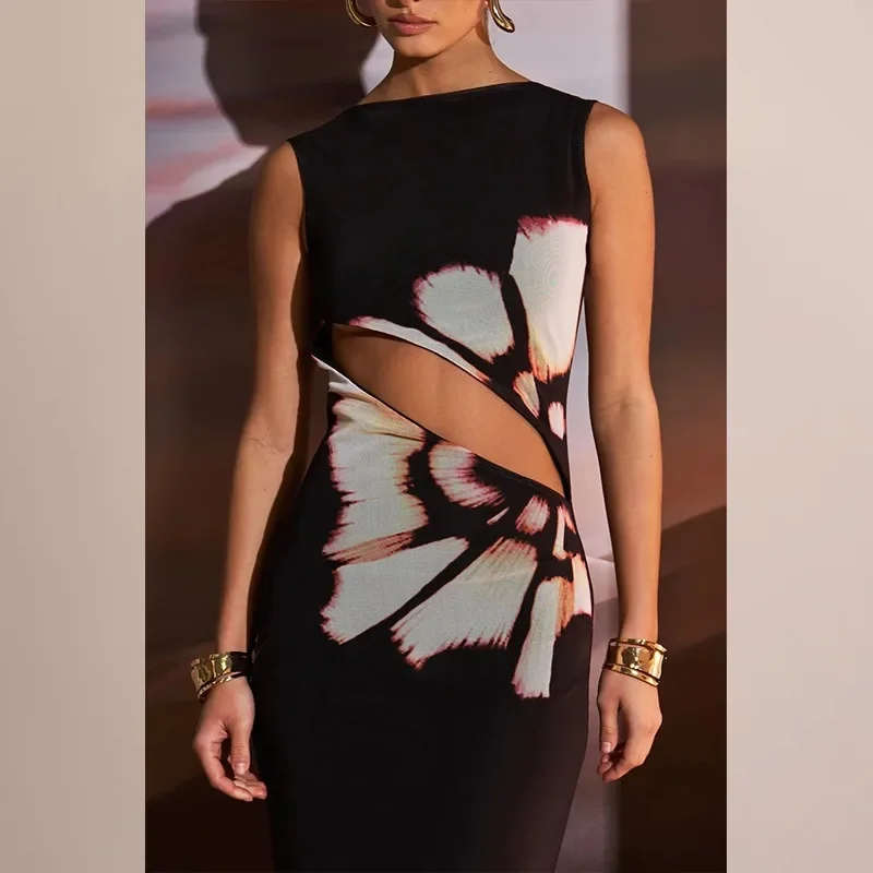 GELITAYIN été Sexy robe Maxi pour les femmes mode découpé sans manches dos nu robe mince imprimer décontracté Club élégant fête col rond