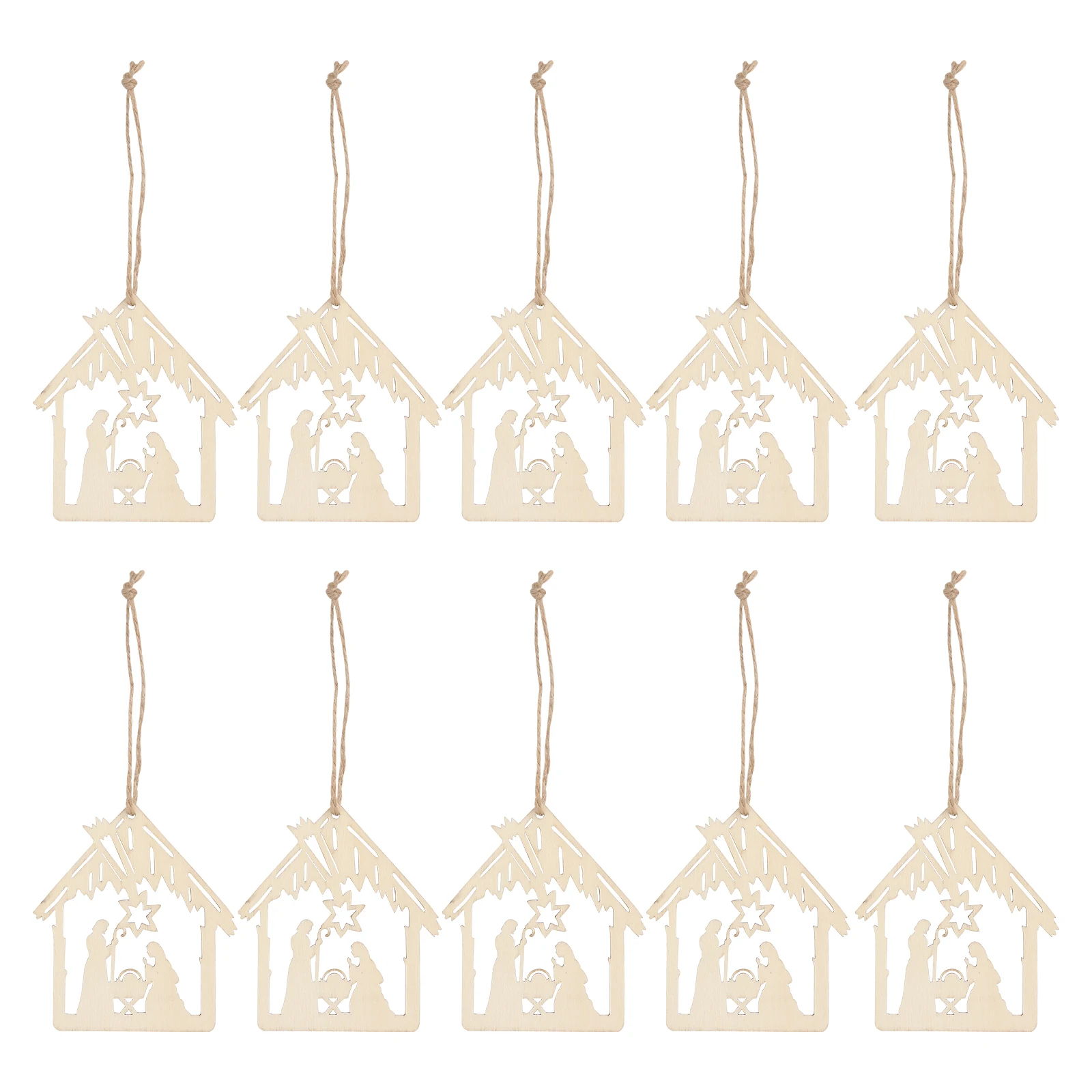 10pcs Jesus Birth Wood Pendant Vintage Nativity Scene Indoor Outdoor Craft Hanging Ornaments for Christmas Decorations