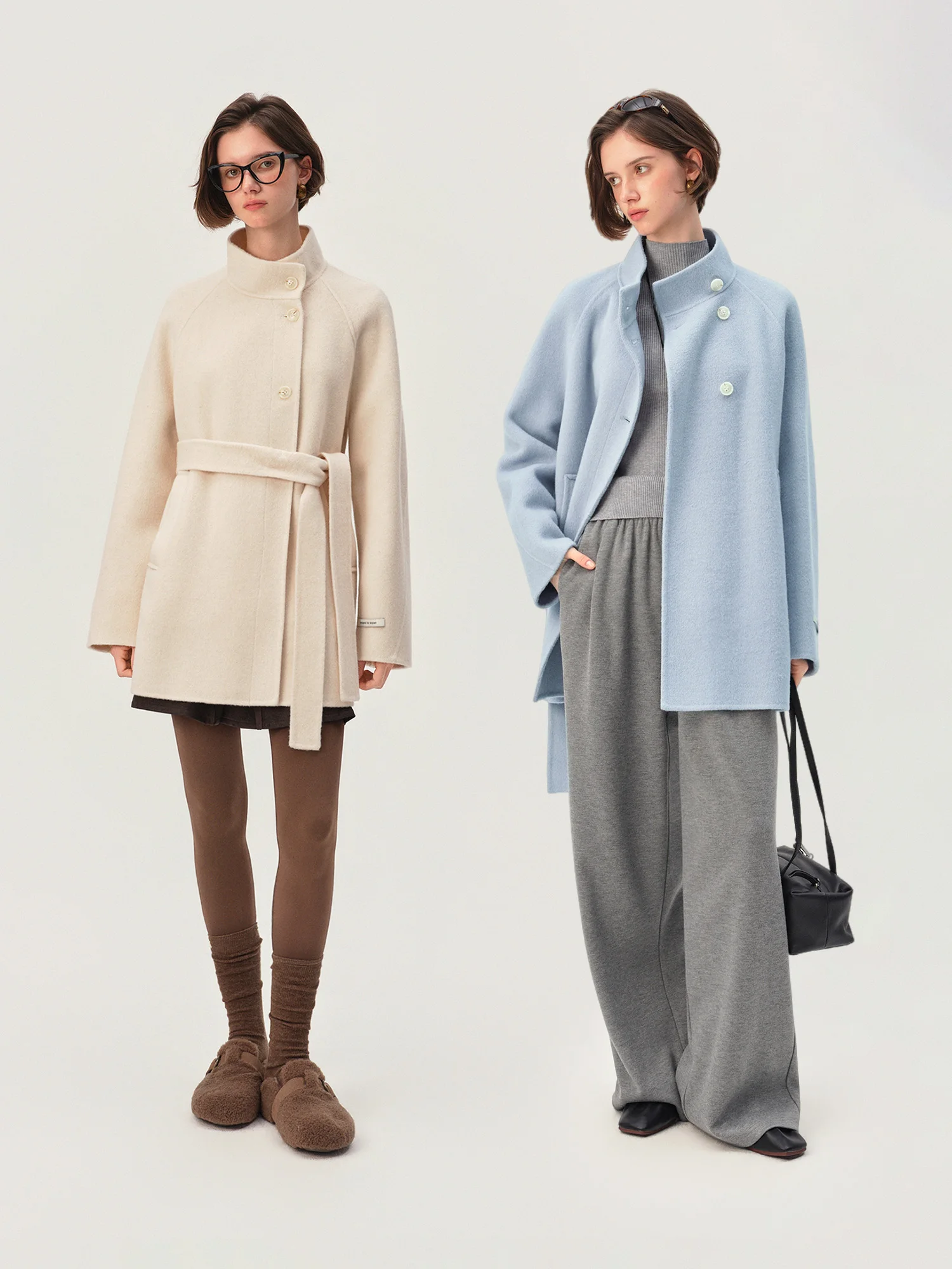 ZIQIAO Stand Collar Mulberry Silk Wool Double-faced Wool Coat Women Winter New Arrival Elegant Warm Woolen Outerwear With Belt