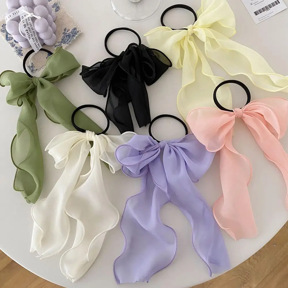 Summer Solid Color Lace Yarn Ribbon Hair Scrunchies Women Bow Elastic Hair Rope Ponytail Holder Girls Hair Ties Accessories