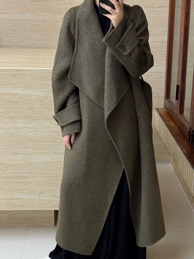 ZMEENNA manteau Long en mélange de laine pour femme avec ceinture col haut décolleté montant veste d'hiver élégante décontractée ZM3628