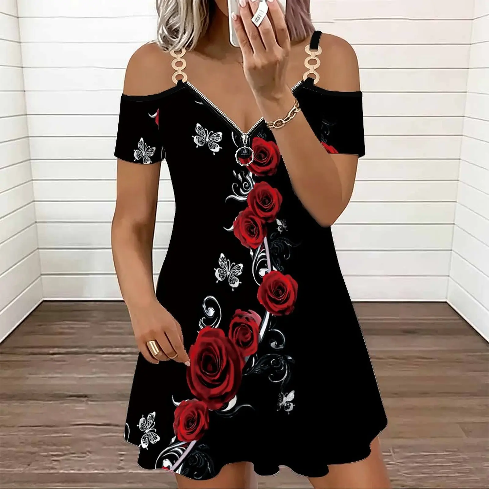 Fashion Casual Female Cold‑shoulder Double Strap V‑neck Zipper Tight Dress Retro Elegance Mini Skirt  Sexy Slim Dress