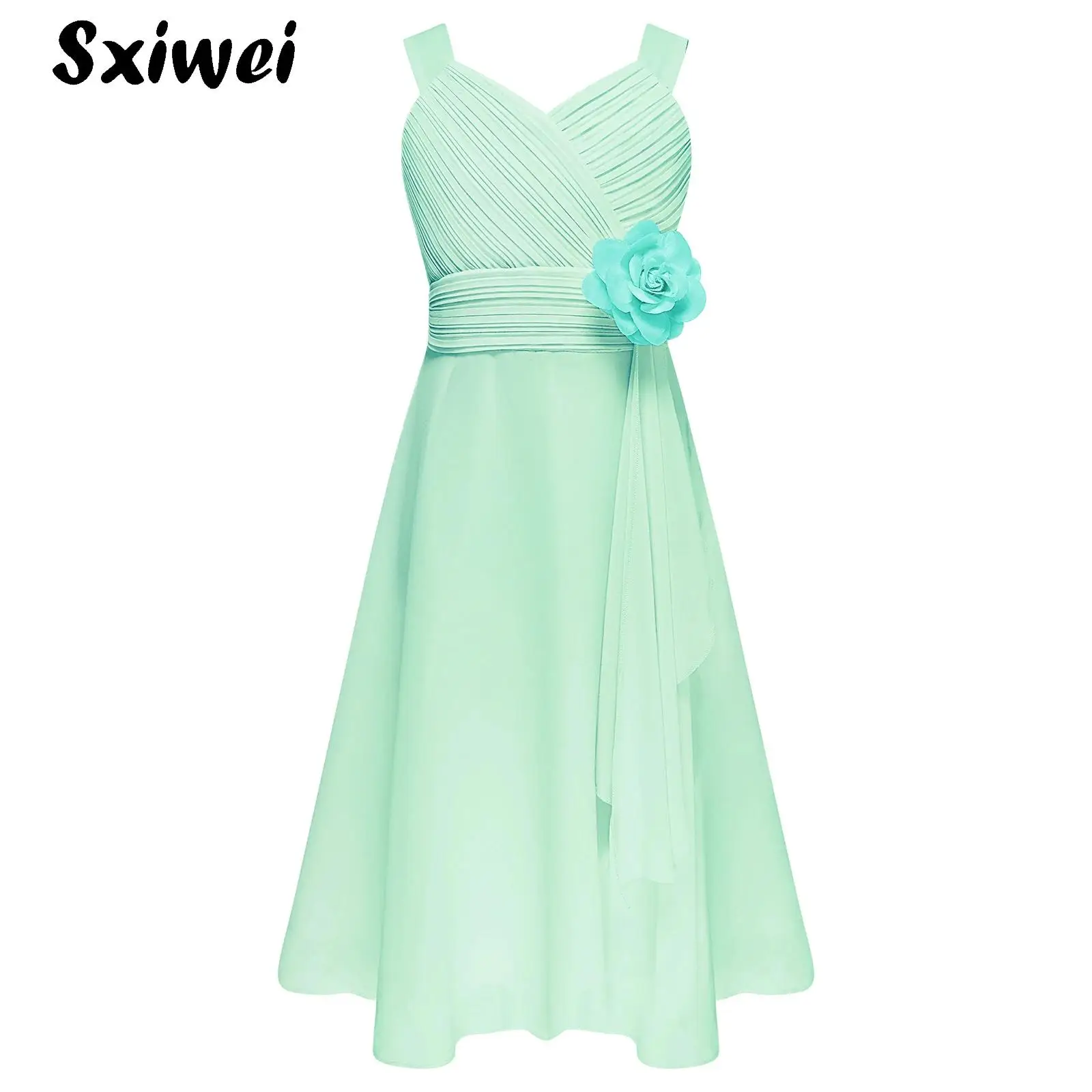 

Girls Elegant Chiffon Party Dress Appliques Sleeveless Ruched Bodice Ruffle Chiffon Dress Gown for Wedding Birthday Evening Prom