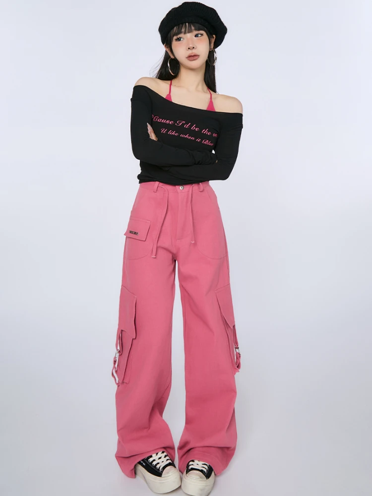 Cargo Pants Women Colorful Youthful Vitality Pockets European Style Retro Solid Simple All-match Drawstring Pink  Summer