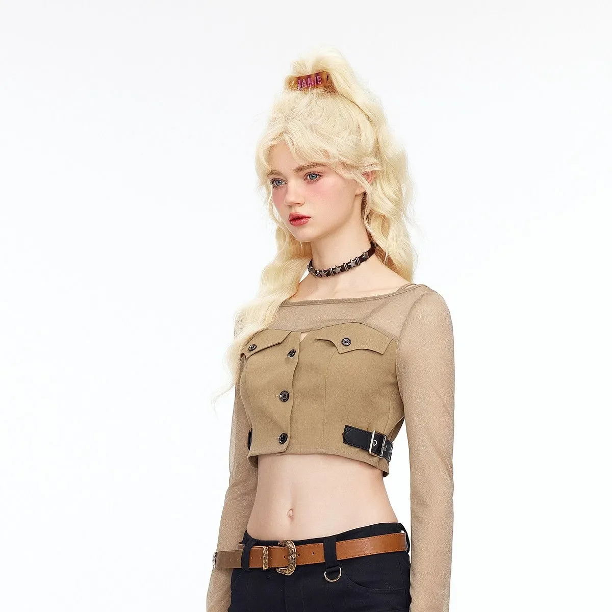 SALIENCY T-shirt a maniche lunghe con scollo all'americana per ragazze speziate con giunture di colore vintage a contrasto Design con linguetta in pelle Top corto in rete sexy