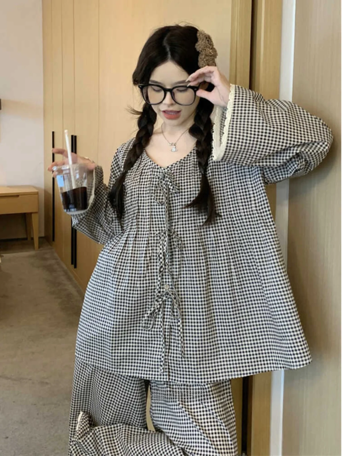 

Легкий комплект нижнего белья из хлопка и льна для женщин Sweet Home Sle Long Sve round Ne Print Домашняя одежда больших размеров