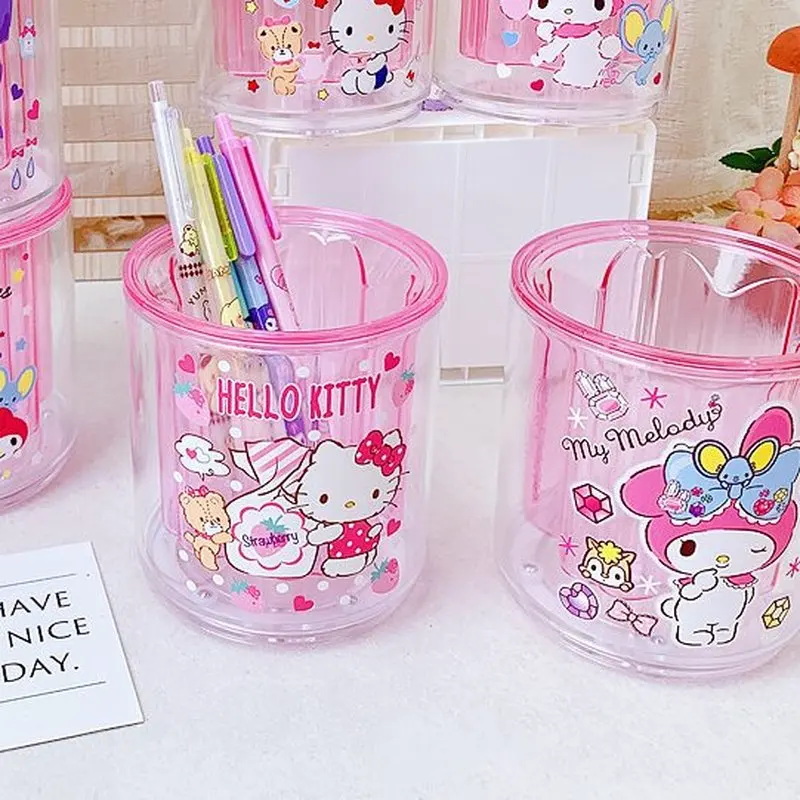 Sanrio-Rodada Rotatable Pen Holder com Grande Capacidade, Japonês Bonito Dos Desenhos Animados, Minha Melodia, Pupilos Papelaria Tubo De Armazenamento, 2Pcs