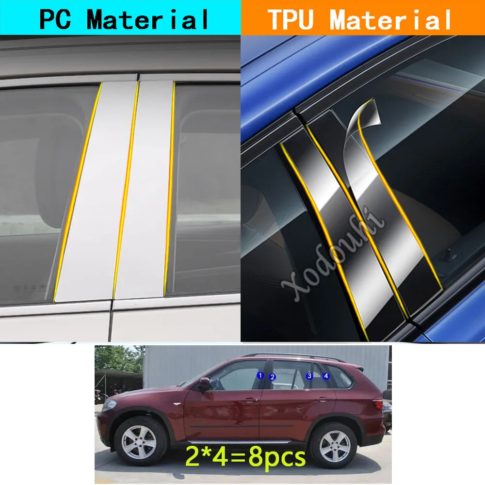 Car TPU/Glossy Mirror Pillar Post Cover Door Trim Window Stickers Accessories 8PCS For BMW X5 Xdrive E70 2007 2008 2009-2013